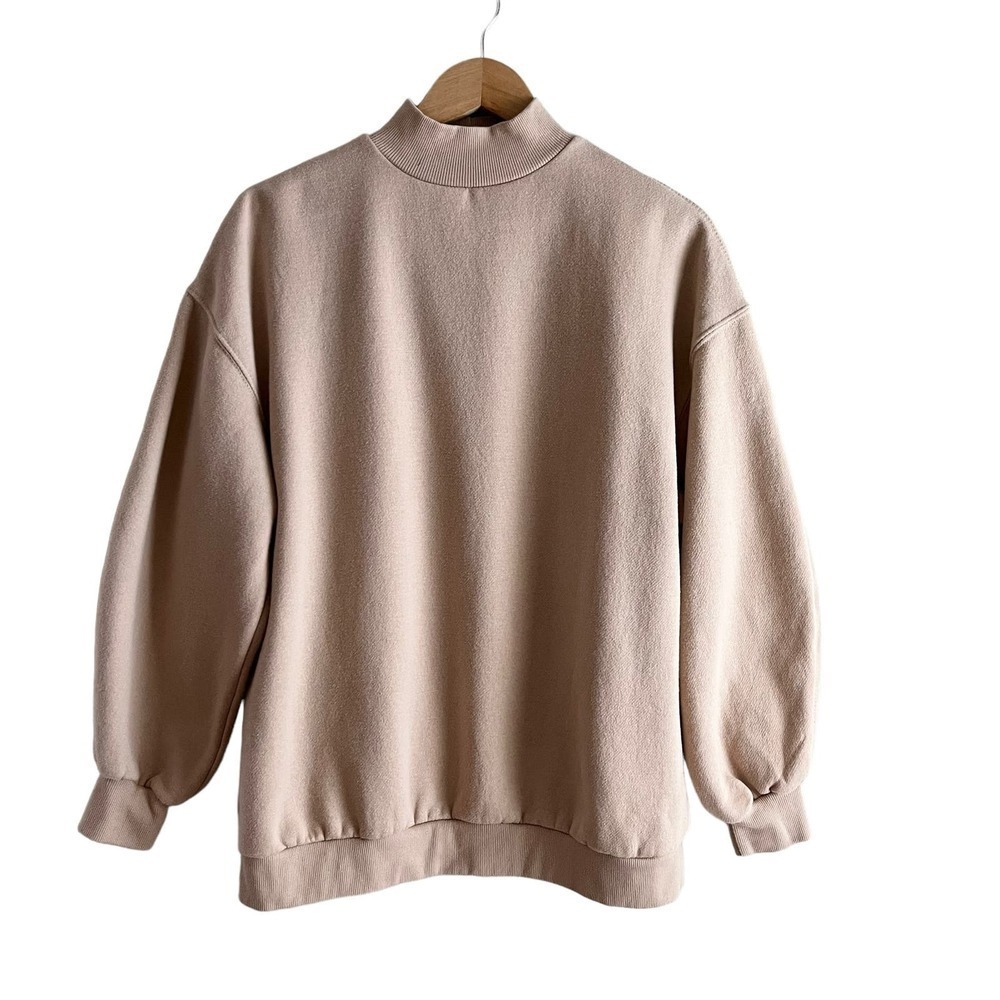 Bershka Mockneck Fleece-Lined Pullover Sweatshirt in Tan, Size Small